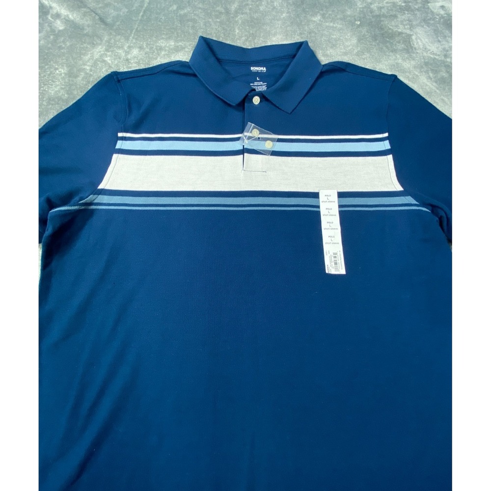 NWT Sonoma Polo Shirt Mens Large Blue ‎ Casual Comfort Preppy Stripe Classic Fit